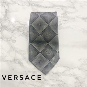 Versace Grey Checkered Diamond Silk Skinny Tie